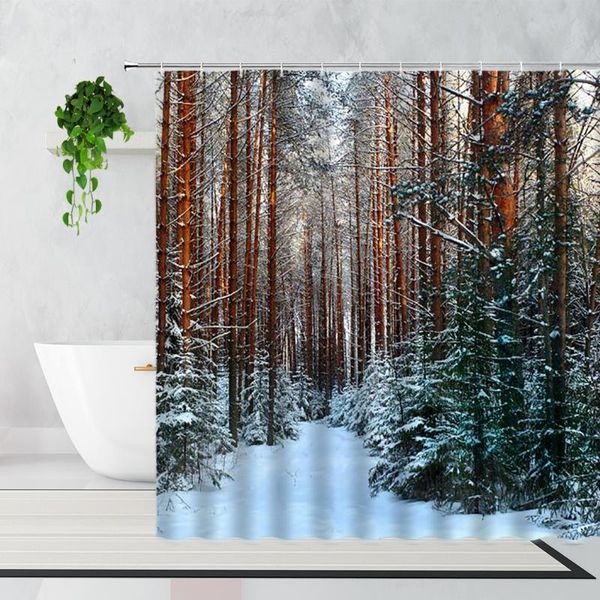 

shower curtains winter birch forest scenery curtain snow pine branches trees home decoration waterproof bath with hook polyester