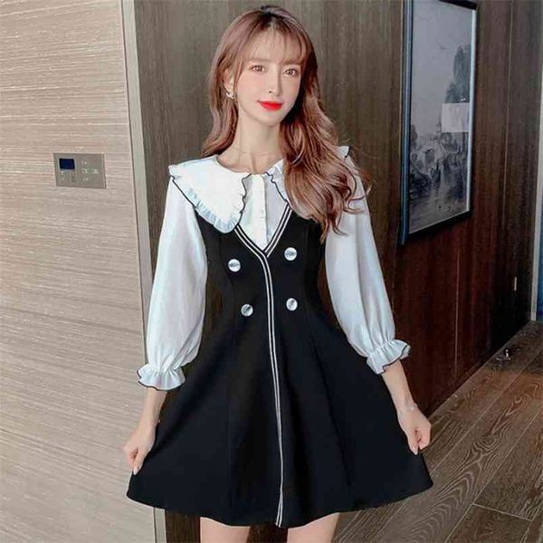 

women's spring autumn dress korean doll collar stitching long-sleeved a-line waist slimming short dresses ll653 210506, Black;gray