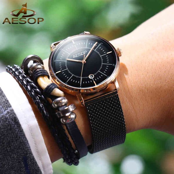 

aesop brand watches business automatic mechanical men mode waterproof mesh rvs luxury reloj hombre, Slivery;brown