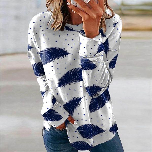 

women's blouses & shirts harajuku feather print women blouse o-neck long sleeve pullover for autumn casual plus size tunic femme 40#, White
