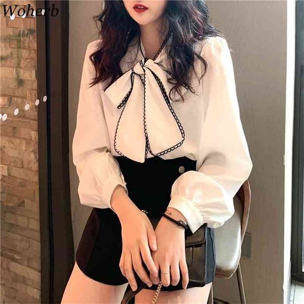 

elegant long sleeve bow lacing blouse korean vintage work wear office women ol casual shirt spring summer 210519, White