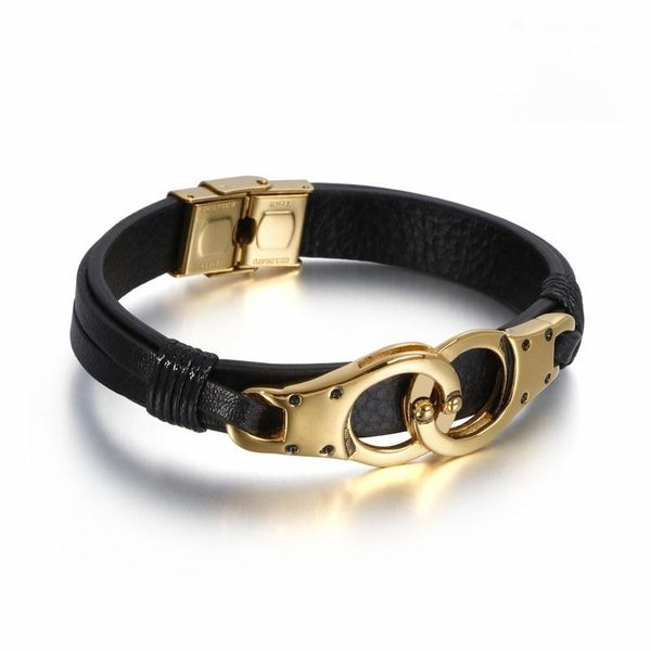 

charm bracelets jewels store 21.5cm punk stainless steel gold handcuff for men retro leather wrap wristband jewelry accessories, Golden;silver