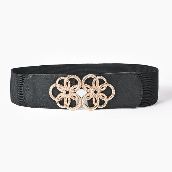 

belts elastic pu leather designer wide corset strap for women girl waist cummerbund girdletie gold metal floral buckle bands, Black;brown