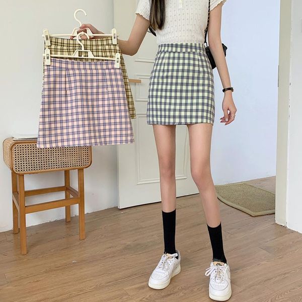 

skirts spring and summer 2021 bag hip skirt slim high waist plaid all-match half-length a-line female short, Black