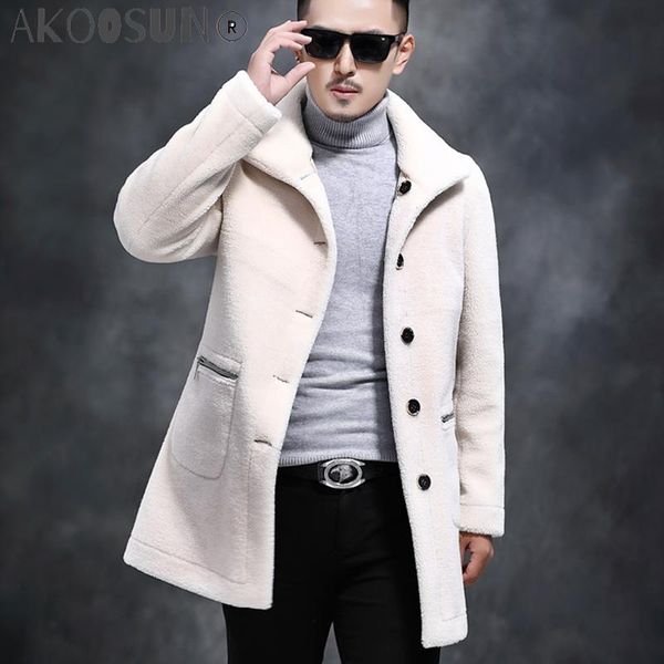 

men's leather & faux akoosun real wool fur coat men long fall winter jacket man sheep shearing mens furs two side wear suede 80818 kj11, Black