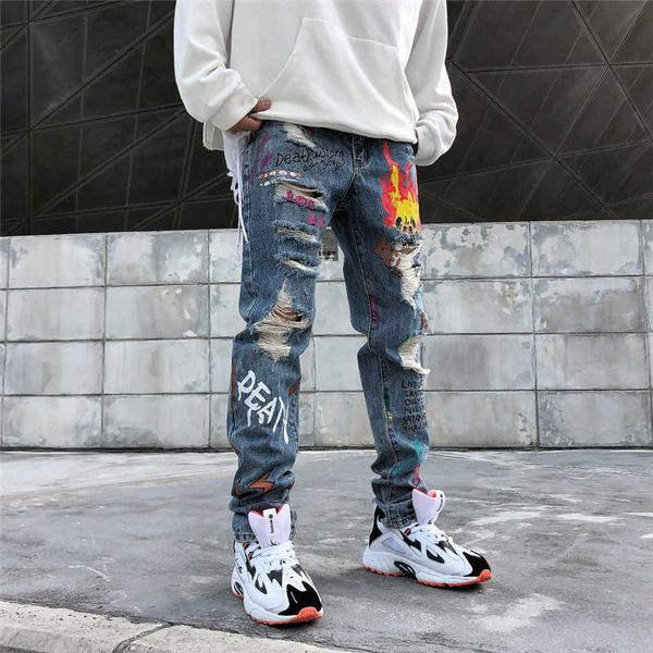 

men's jeans jeans men streetwear graffiti printed ripped beggar skinny hipster hip hop distressed knee holes joggers denim trousers xt6, Blue