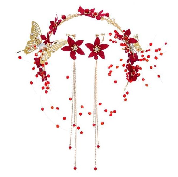 

hair clips & barrettes luxury korean jewelry for bride red flower hairband wedding tiaras headpiece headband +earring bridal accessories, Golden;silver