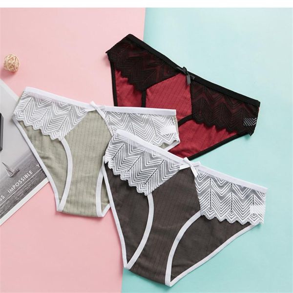 

women's panties 3pcs cotton briefs lace women underwear solid color lingerie ladies for female pantys, Black;pink