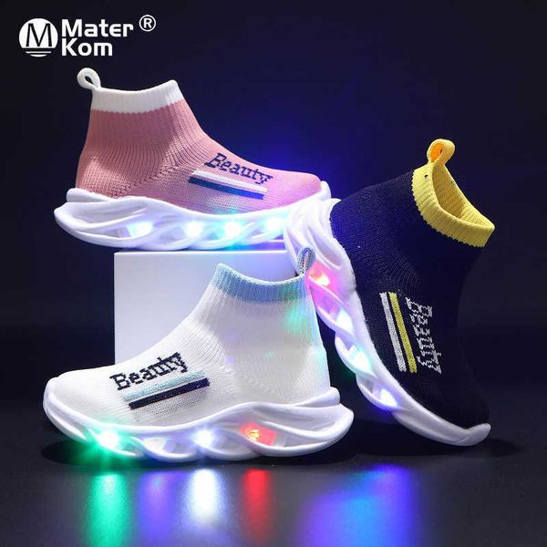 

size 21-30 baby luminous sock shoes kids glowing led shoes with lights children knitting light sneakers for boys girls 1-6 y g1025, Black;red