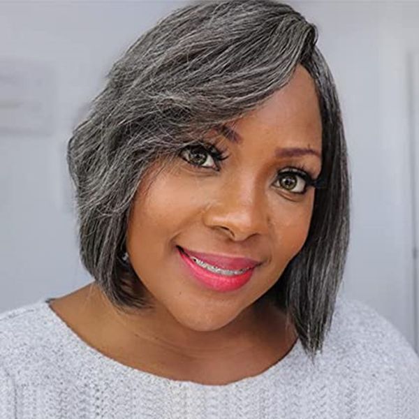 

salt and pepper short grey bob wig with bangs human hair gray wigs natural looking 8 inch 150% density, Black;brown