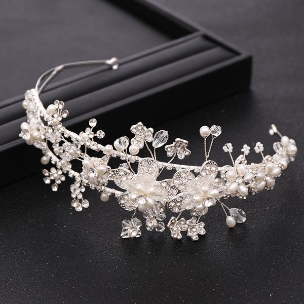 

bride hair accessories silver color flower headdress rhinestone crystal pearl crown wedding tiara princess headband jewellery, Golden;white