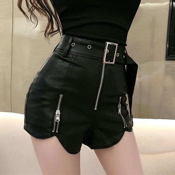 

women's shorts zippers pu leather women streetwear gothic jeans mini high waist lace up casual zip black goth club fashion, White;black