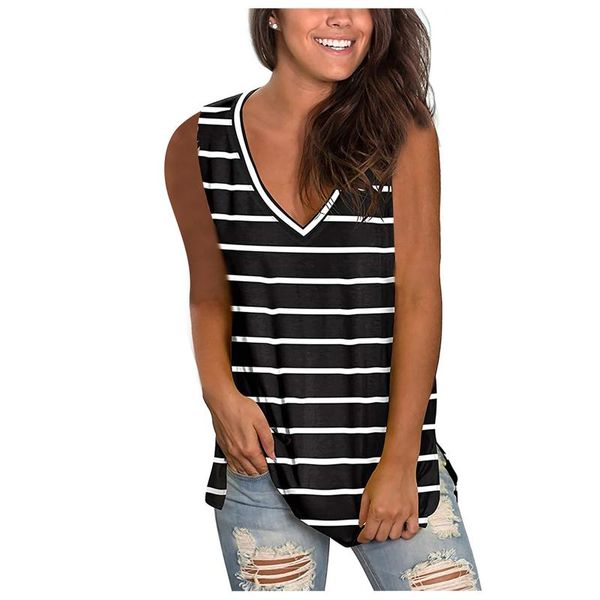 

women's blouses & shirts women clothing summer striped print shirt sleeveless loose fit tank tunic vintage 2021 casual blouse, White