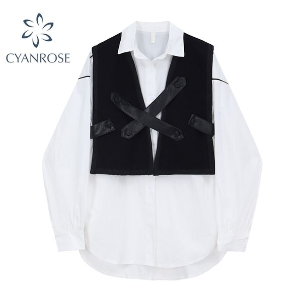 

streetwear white cardigan blouses women with black vest spring harajuku oversized fashion long sleeve shirts casual bf 210515