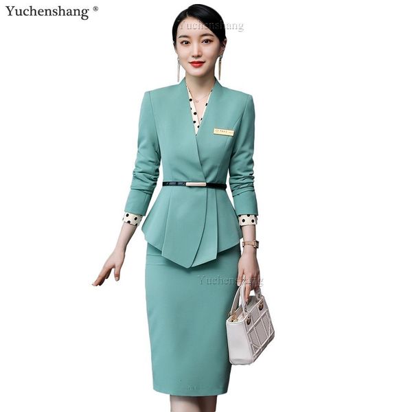 

casual dresses elegant ladies blazer and skirt suit women green black apricot formal 2 piece set slim business work wear clothe, Black;gray