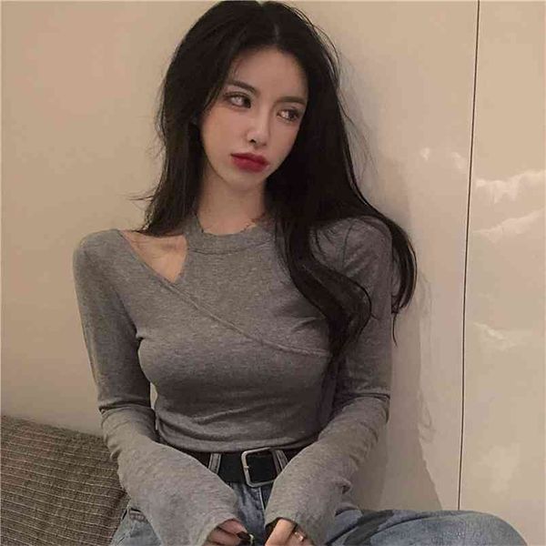 

spring autumn women's strapless long sleeve t-shirt retro fashion slim female bottoming gd571 210506, White