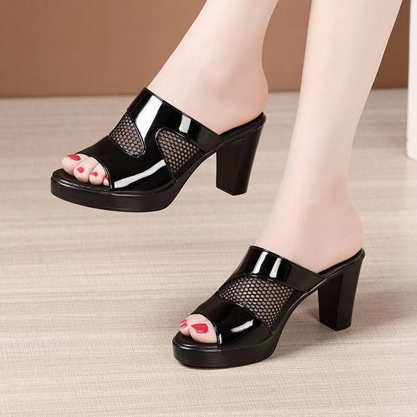 

fashion women's shoes summer patent leather mesh slippers female sandals ladies high heel, Black
