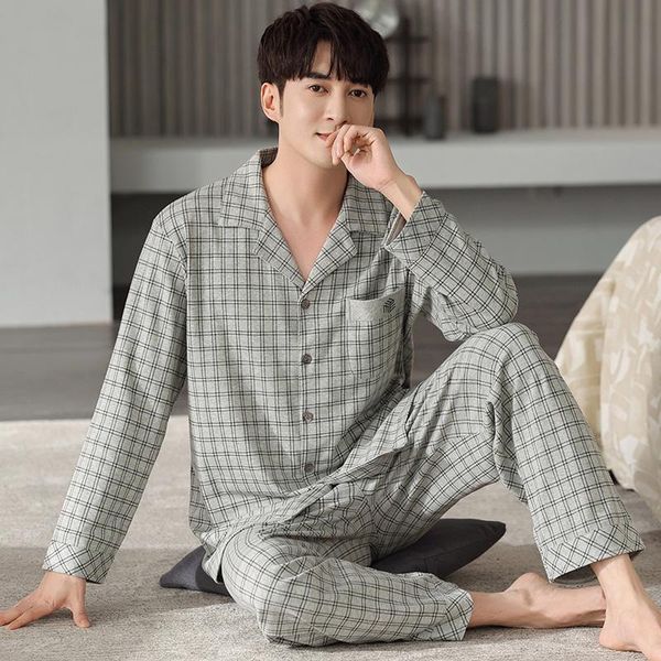 

men's sleepwear autumn and winter men pajamas set 100% cotton mens long sleeve turn-down collar leisure plus size -4xl male pyjamas, Black;brown