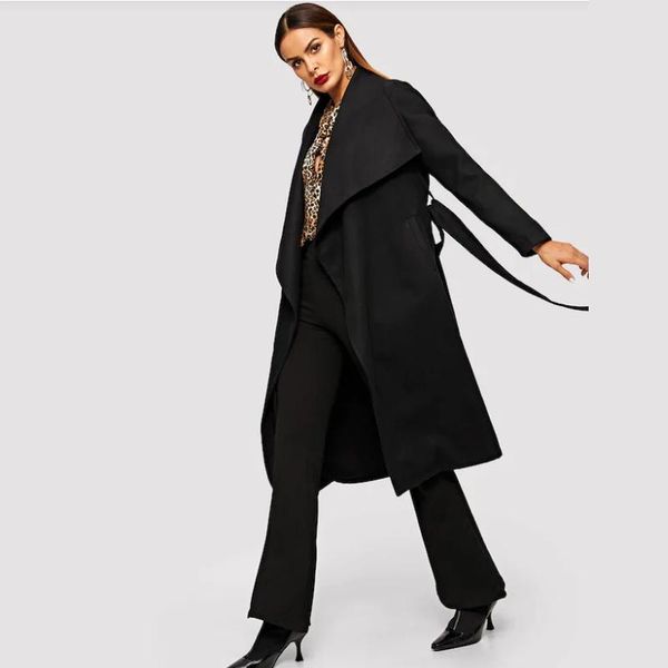 

women's trench coats aurkrrvn black women long winter high street belted asymmetric woman office lady outwear ol 2021, Tan;black