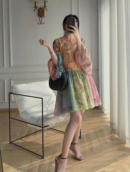 

casual dresses 2021 summer women's round neck trumpet long sleeve waist lotus leaf cotton makaron print dress with sling, Black;gray