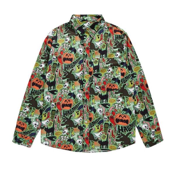 

men's casual shirts mens 2021 hip hop holiday shirt halloween pumpkin ghost print long sleeve jackets coat streetwear, White;black