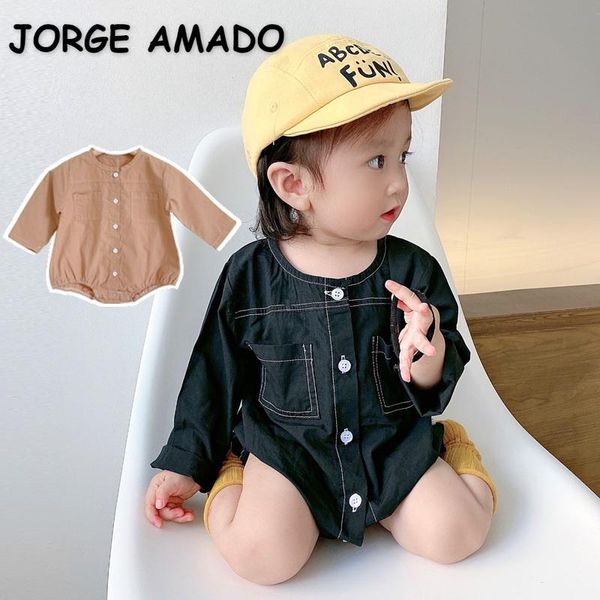 

rompers 2021 autumn baby girl boy bodysuit chocolate black long sleeves round collar pocket born jumpsuit clothes e3745, Blue