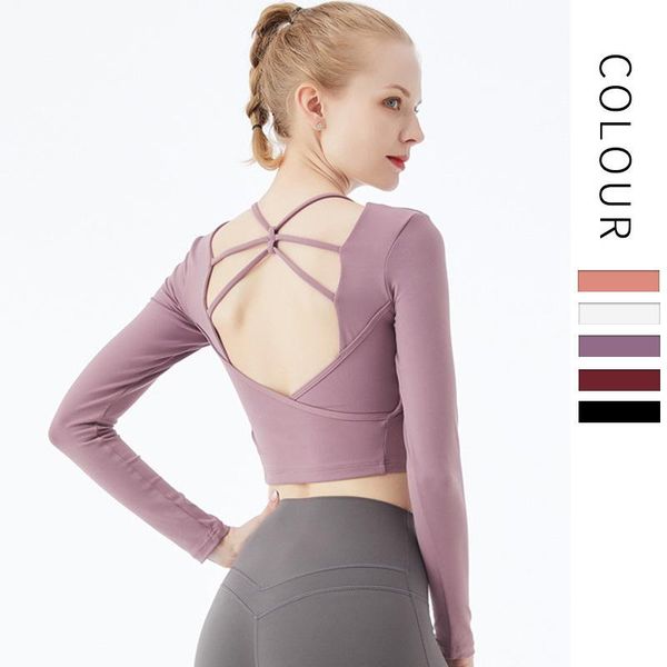 

spring and summer backless sports t - shirt with fine back strap yoga suit fitness long sleeve women outfit