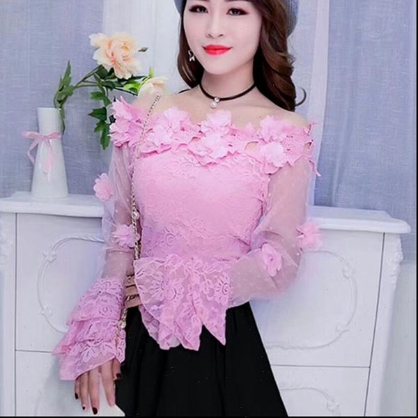 

womens shirts flower off shoulder round neck mesh long sleeve slim fit ladies red base shirt large sizes, White