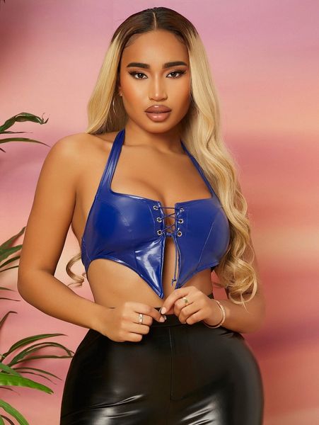 

sxy lace up front asymmetrical hem pu leather halter j7up#, White