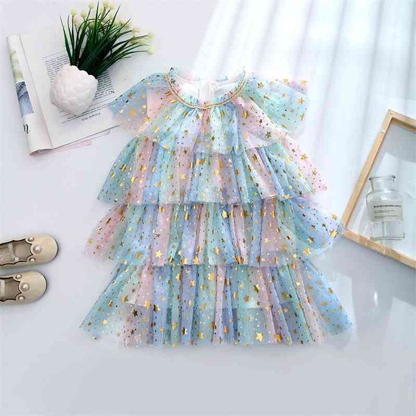 

girl's summer dress middle big girl glittering mesh cake princess dress, Red;yellow