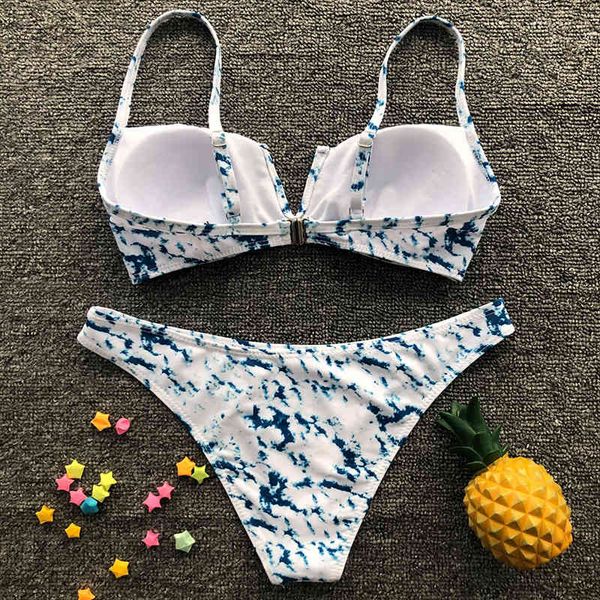 

2021 new v-bra tie dye female swimsuit women swimwear two-pieces bikini set mid waist bather push up bathing suit swimb