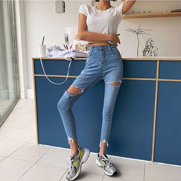 

spring and autumn fashion elastic thin hole nine leggings tight light pencil, Blue