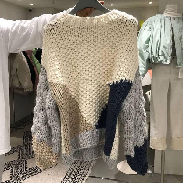 

women's sweaters autumn winter women o-neck long lantern sleeve contrast color hollow crocheted sweater thick thread hair balls knitted, White;black