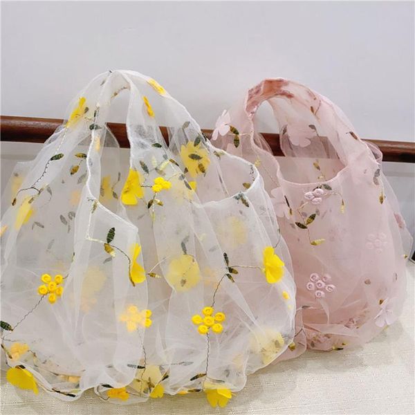 

storage bags women transparent yarn tote bag elegant embroidery flowers street handbag for home shopping