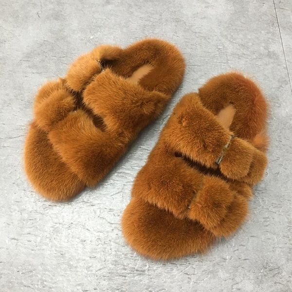 

european station luxury fashion fur slippers mink ladies 100% flat heel, Black