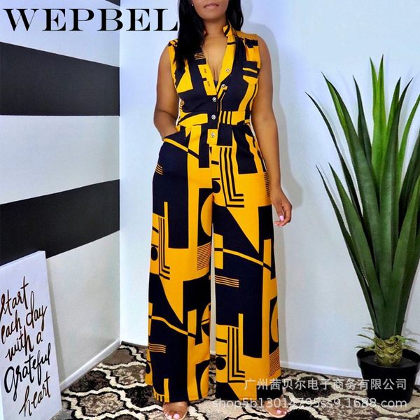 

wepbel women elegant patchwork loose playsuit ladies casual jumpsuit sleeveless v neck print romper wide leg pants overalls, Black;white