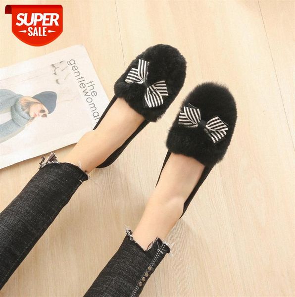 

plus velvet pedal lazy single shoes suede warm bow real rabbit fur flat-bottomed large size women's peas #yv2g