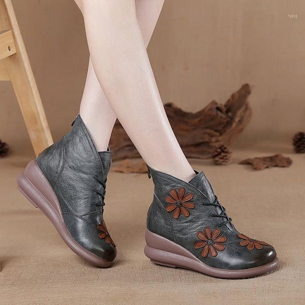 

boots round toe 100% genuine leather wedge heel ankle for women winter warm shoes platform with flower1 82v4, Black