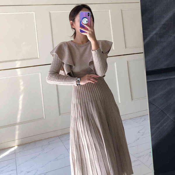 

casual dresses ladies'fashionable autumn dress, round collar, frilly, couture, long sleeve, feminine, knitted or crocheted high waist,, Black;gray