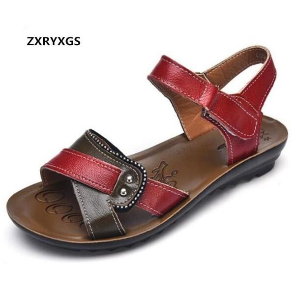 

mixed colors women summer sandals genuine leather shoes flat light comfort non-slip middle-aged, Black