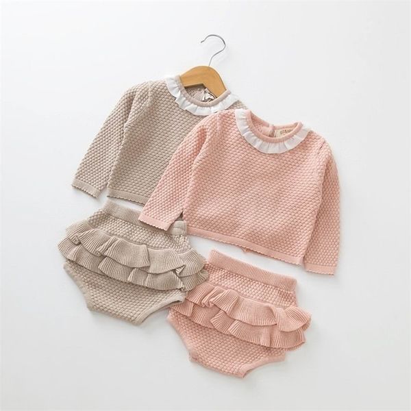 

retail autumn baby girl clothing sets knitted cotton long sleeve sweater shorts outfits kids clothes 0-2y yl001 210610, White