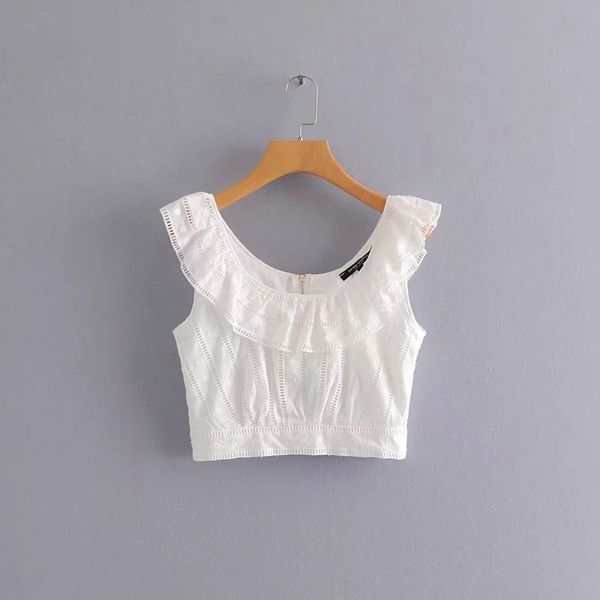 

hollowing embroidery cascading ruffle women vest shirt casual white blouse summer style small fashion chemise s5508 210430