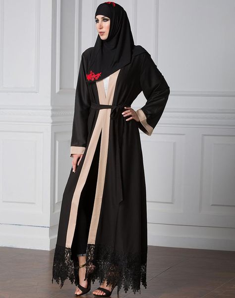 

casual dresses wepbel fashion pakistan saudi women's muslim abaya clothing open dress cardigan robe lace islamic ankle length, Black;gray