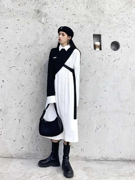 

vintage woman shreds loose spring dressed in korean style dress party, Black;gray