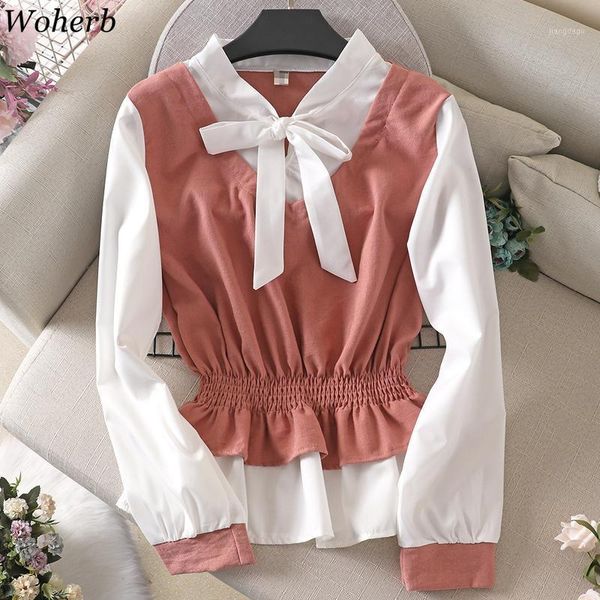 

woherb fashion fake two pieces blouse women patchwork shirt elegant bow bandage slim waist ruffle blusas camisas mujer 2021 women's blo, White