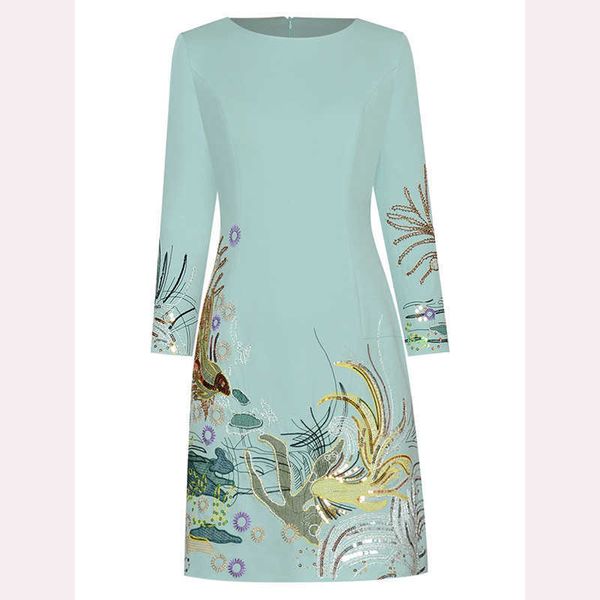 

est fashion o-neck wrist sleeve beaded embroidery retro slim dress 210526, Black;gray