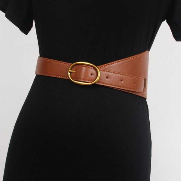 

belts women's runway fashion gold buckle pu leather cummerbunds female dress corsets waistband decoration wide belt r1743, Black;brown