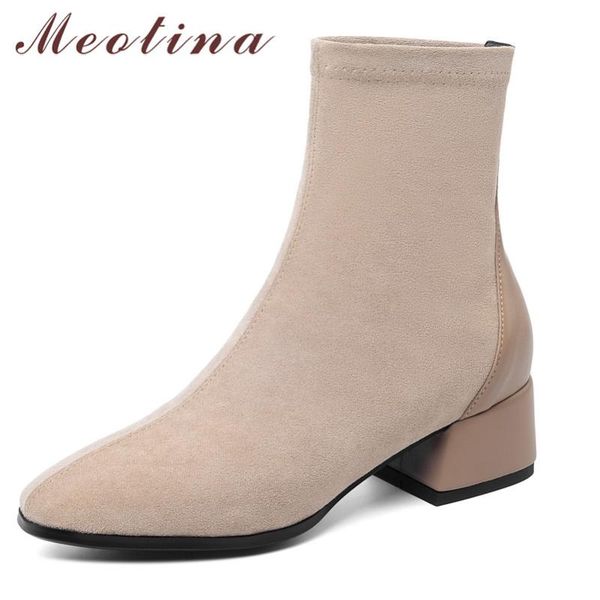 

boots meotina genuine leather ankle women shoes square toe block heels mid heel short autumn ladies black size 43