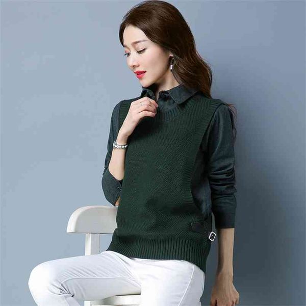 

lapel long-sleeved fake two-piece sweater women fashion stitching buttons slim simple knitted bottoming pullover female 210427, White;black