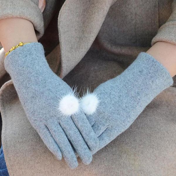 

five fingers gloves women' woolen full finger mink ball touch screen driving for sports winter plus velvet thicken warm cycliny mittens, Blue;gray